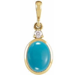 14K Yellow 9x7 mm Natural Turquoise & .03 CT Natural Diamond Cabochon Pendant