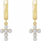 14K Yellow Cultured White Seed Pearl Cross Hoop Earrings