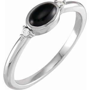 14K White 6x4 mm Round Natural Black Onyx & .03 CTW Natural Diamond Ring