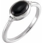 14K White 8x6 mm Round Natural Black Onyx & .03 CTW Natural Diamond Ring