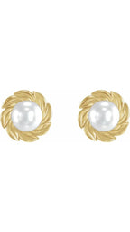 14K Yellow Cultured White Akoya Pearl Leaf Earrings