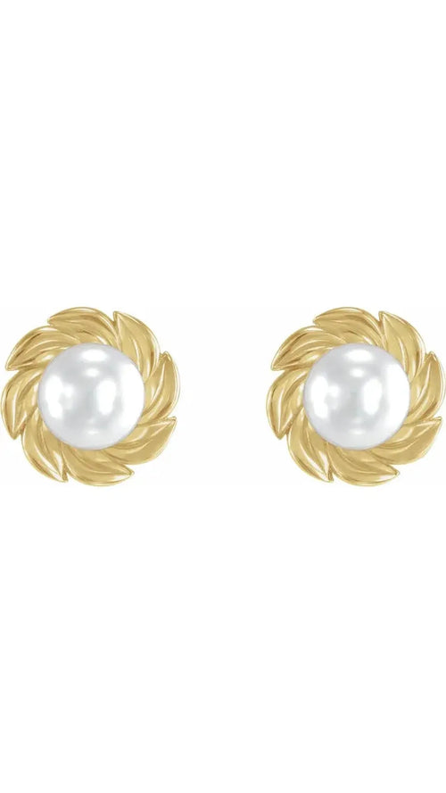14K Yellow Cultured White Akoya Pearl Leaf Earrings