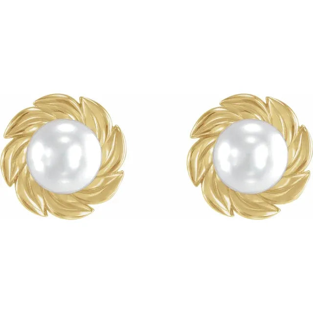 14K Yellow Cultured White Akoya Pearl Leaf Earrings