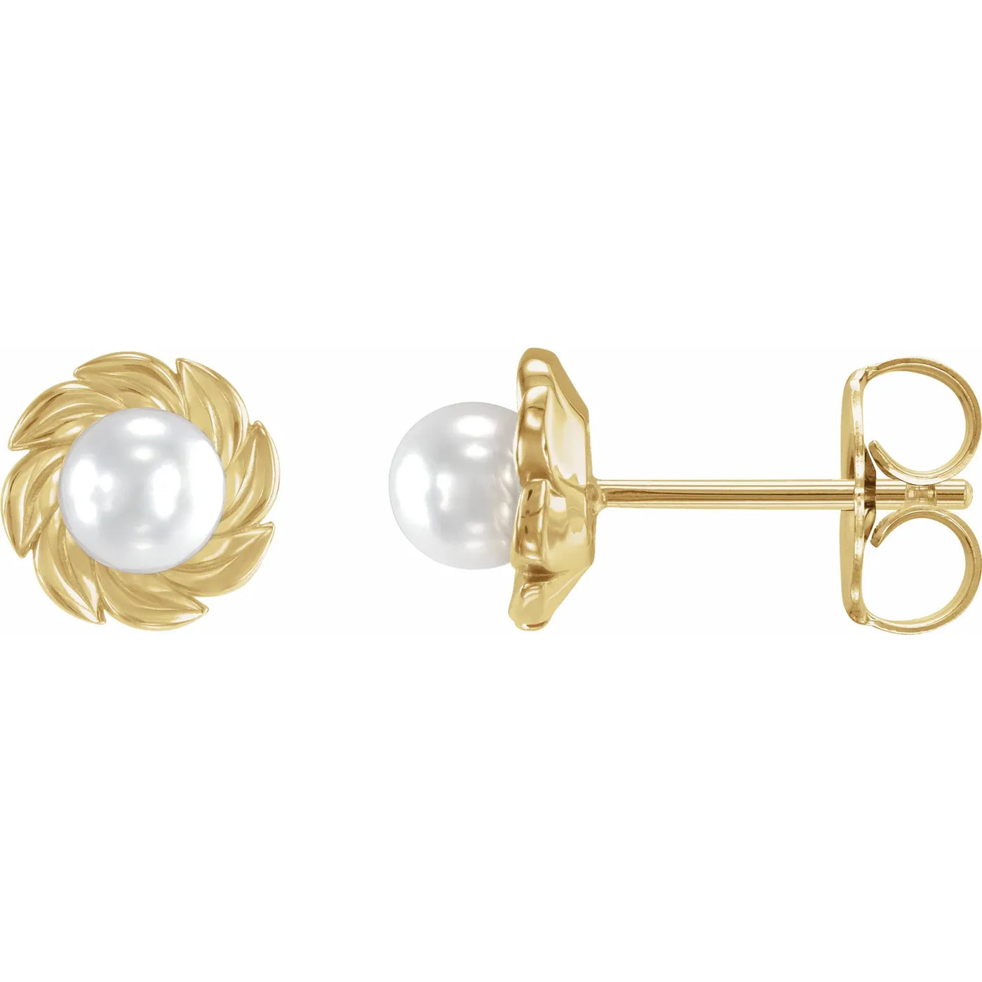 14K Yellow Cultured White Akoya Pearl Leaf Earrings