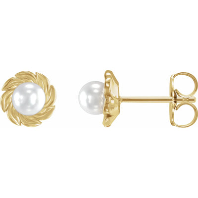 14K Yellow Cultured White Akoya Pearl Leaf Earrings