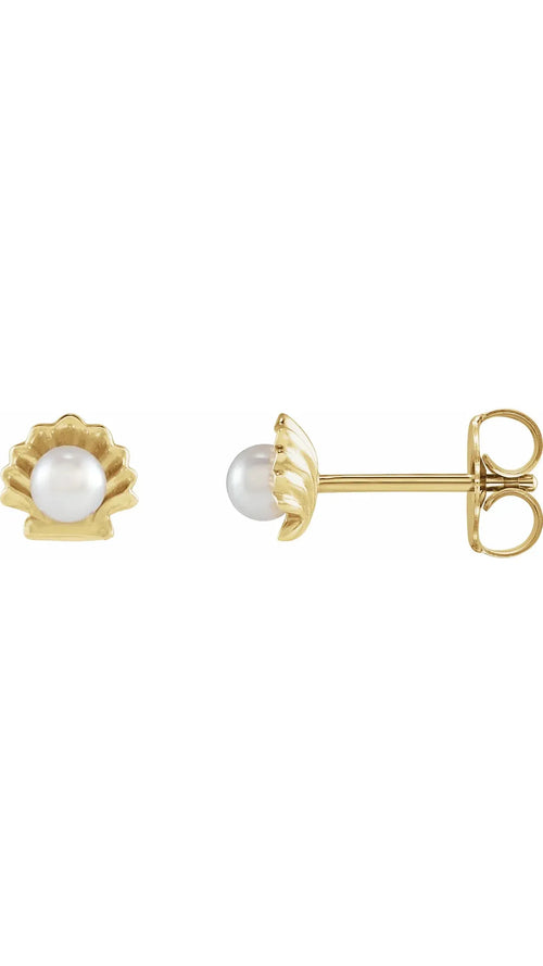 14K Yellow Cultured White Seed Pearl Shell Earrings