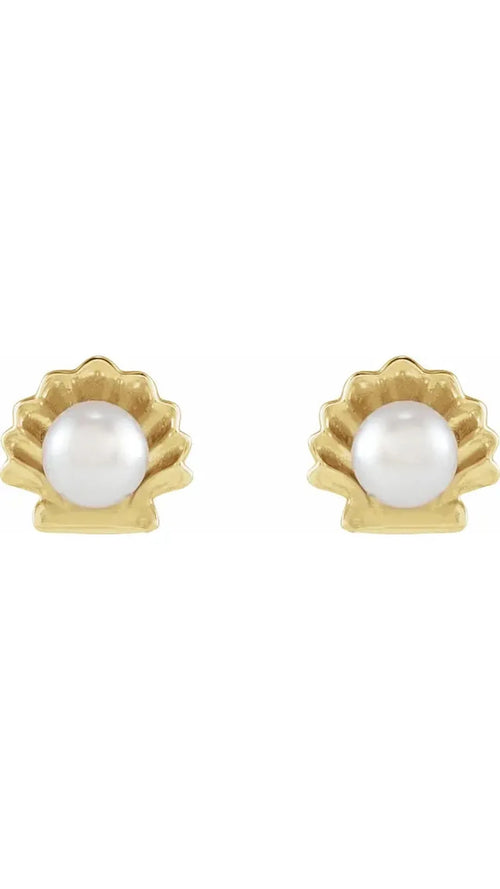 14K Yellow Cultured White Seed Pearl Shell Earrings