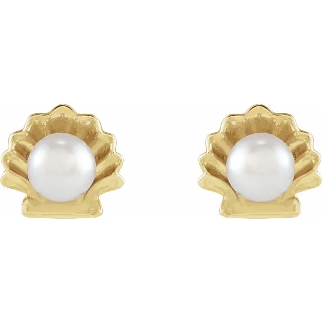 14K Yellow Cultured White Seed Pearl Shell Earrings