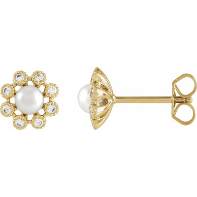 14K Yellow Cultured White Freshwater Pearl & 1/8 CTW Natural Diamond Earrings