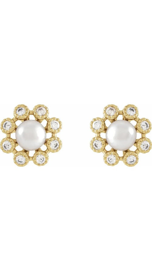 14K Yellow Cultured White Freshwater Pearl & 1/8 CTW Natural Diamond Earrings