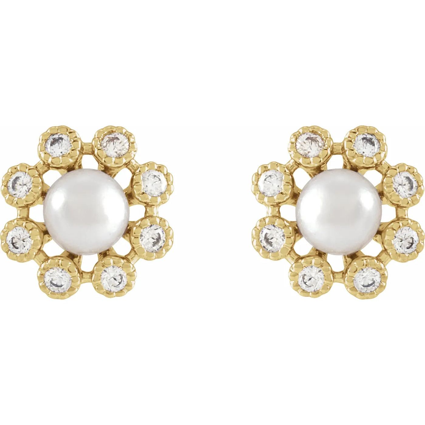 14K Yellow Cultured White Freshwater Pearl & 1/8 CTW Natural Diamond Earrings