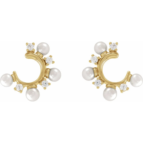 14K Yellow Cultured White Freshwater Pearl & 1/3 CTW Natural Diamond Hoop Earrings