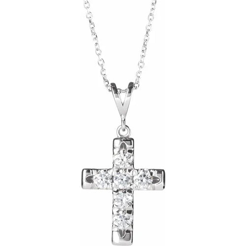 14K White Gold 3/4 CTW Natural Diamond French-Set Cross Necklace