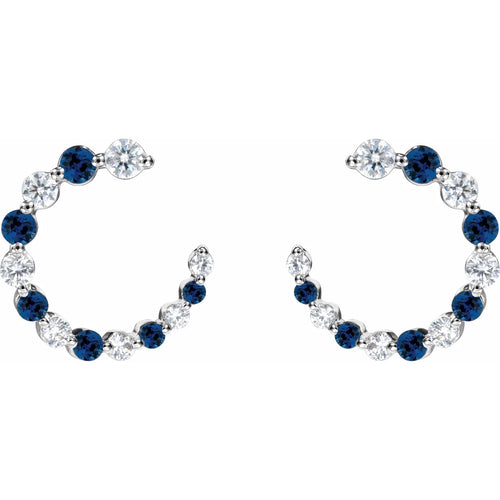 14K White Natural Blue Sapphire & 1/3 CTW Natural Diamond Hoop Earrings