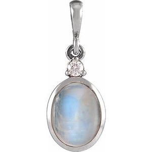 14K White 5x3 mm Natural Rainbow Moonstone & .02 CT Natural Diamond Cabochon Pendant