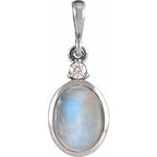 14K White 10x8 mm Natural Rainbow Moonstone & .03 CT Natural Diamond Cabochon Pendant