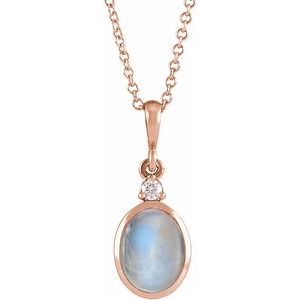 14K Rose 6x4 mm Natural Rainbow Moonstone & .015 CT Natural Diamond 16-18" Necklace