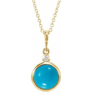 14K Yellow 6 mm Natural Turquoise & .03 CT Natural Diamond Cabochon 16-18" Necklace