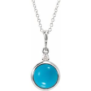 14K White 6 mm Natural Turquoise & .03 CT Natural Diamond Cabochon 16-18" Necklace