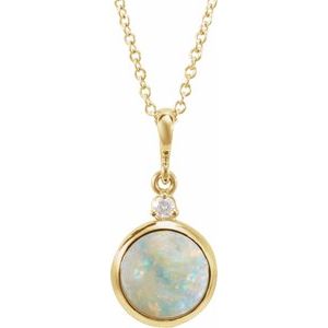14K Yellow 6 mm Natural White Opal & .03 CT Natural Diamond Cabochon 16-18" Necklace