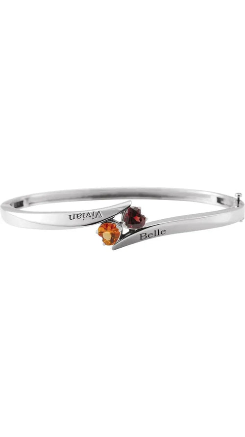 14K White Gold Heart 2-Stone Love Bangle Engravable Family Bracelet