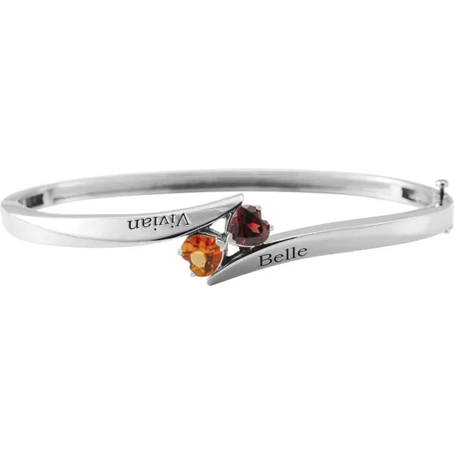 14K White Gold Heart 2-Stone Love Bangle Engravable Family Bracelet