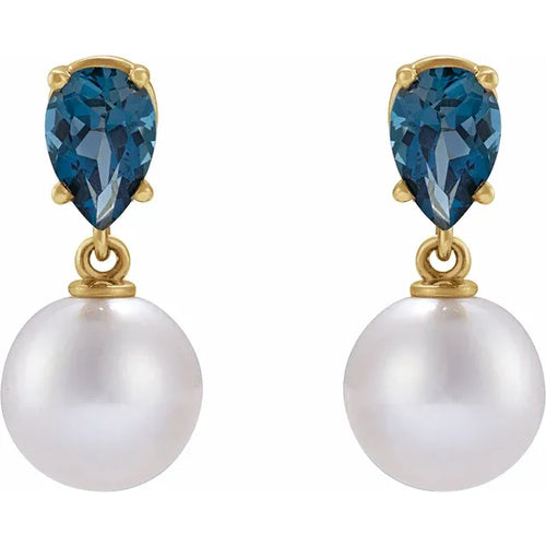 14K Yellow Cultured White Akoya Pearl & Natural London Blue Topaz Earrings