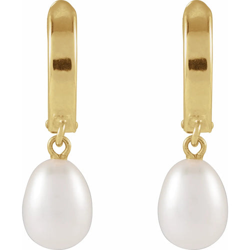 14K Yellow Cultured White Freshwater Pearl Hoop Earrings