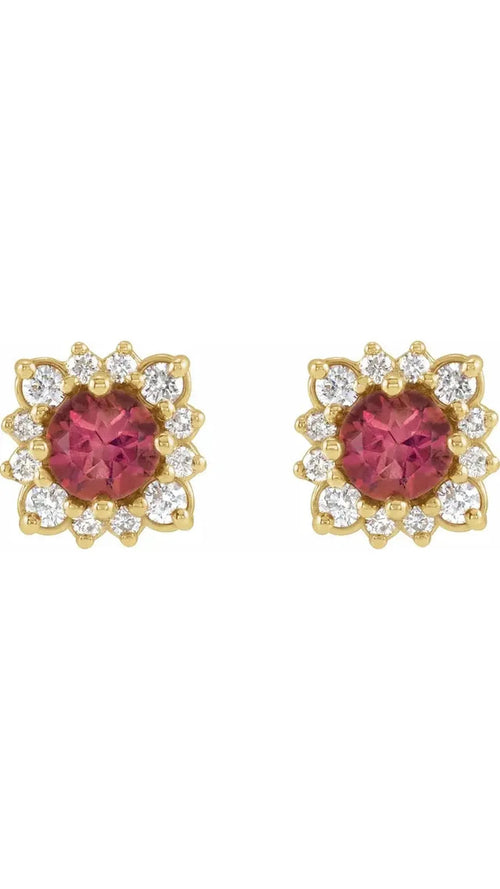 14K Yellow Natural Pink Tourmaline & 1/5 CTW Natural Diamond Halo-Style Earrings