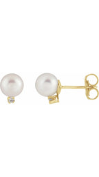 14K Yellow Cultured White Akoya Pearl & .02 CTW Natural Diamond Earrings