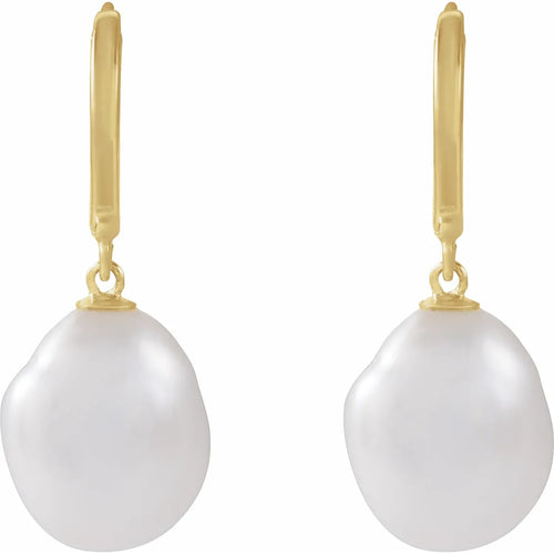 14K Yellow Cultured White Freshwater Keshi Pearl Hoop Earrings