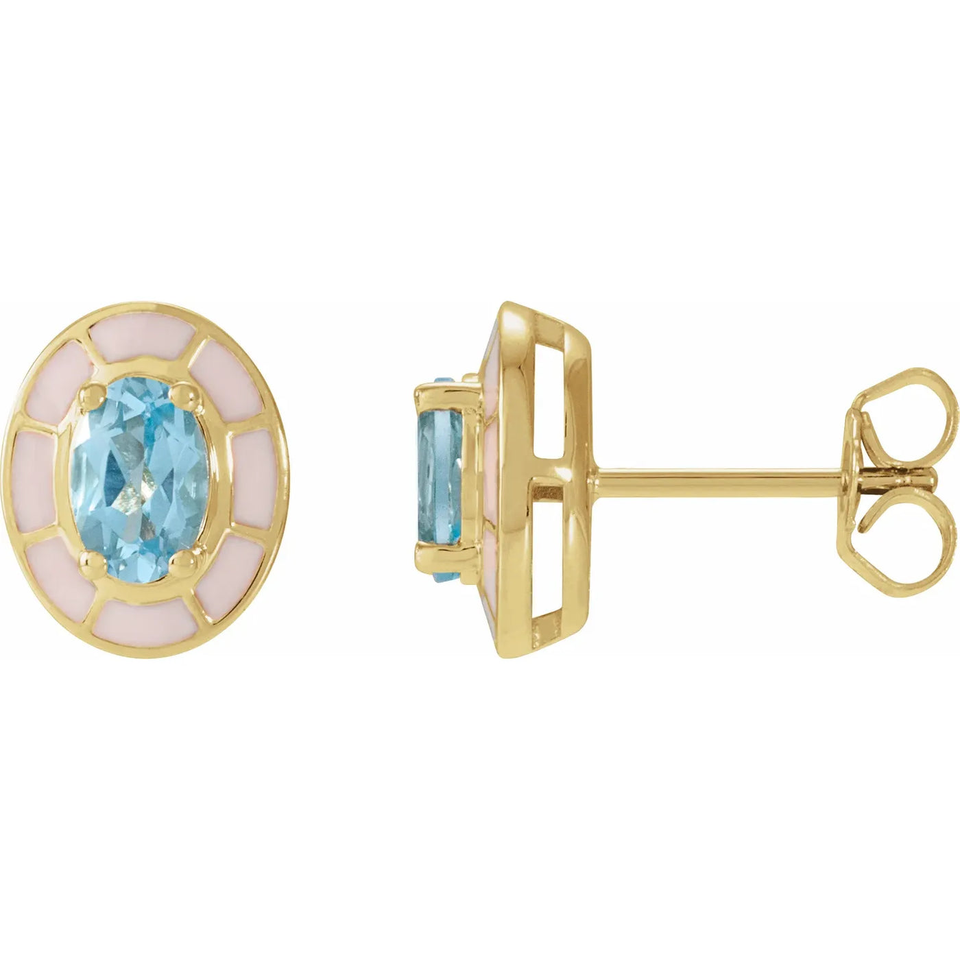 14K Yellow Natural Sky Blue Topaz & White Enamel Stud Earrings
