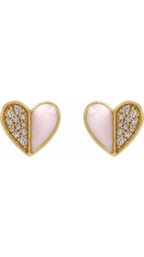 14K Yellow 1/10 Natural Diamond & Pink Enamel Heart Earrings