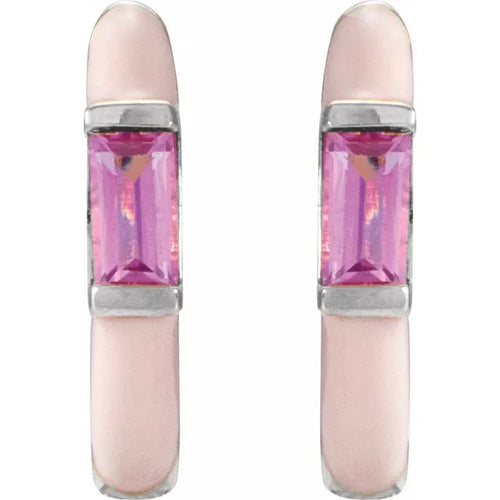 14K White Natural Pink Tourmaline & Pink Enamel Hinged 11 mm Hoop Earrings