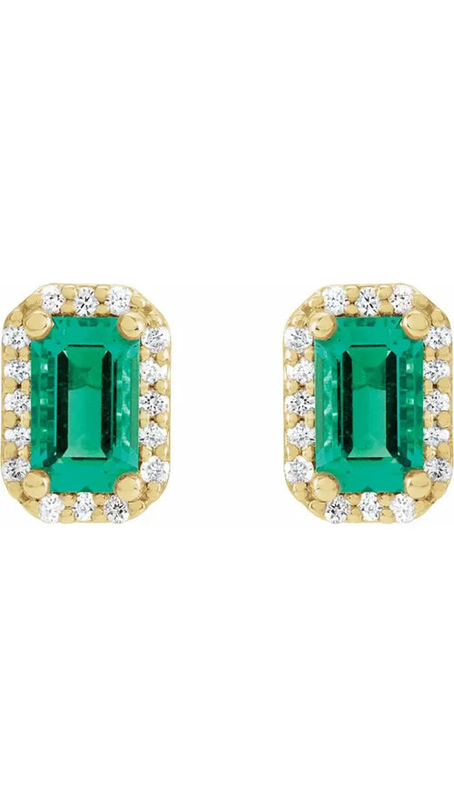 14K Yellow Lab-Grown Emerald & .07 CTW Natural Diamond Halo-Style Earrings