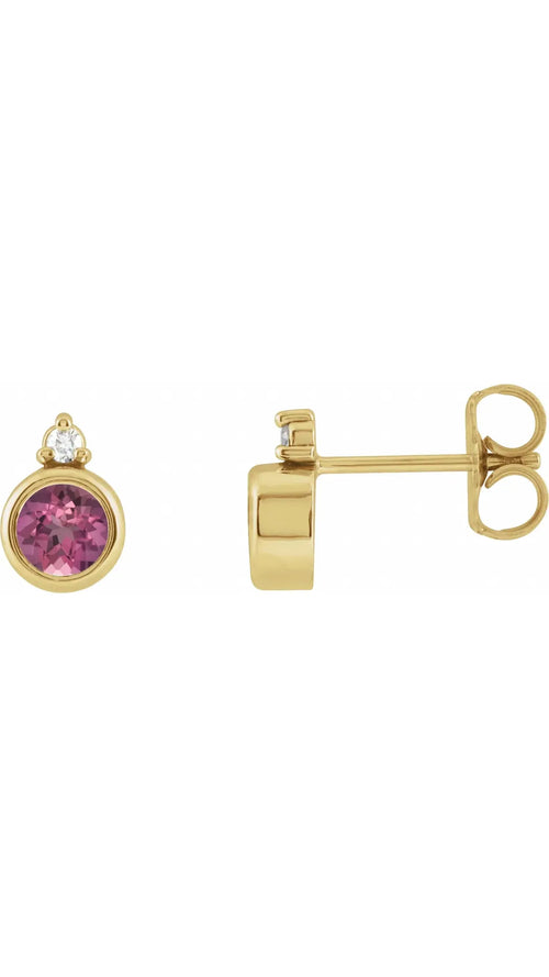 14K Yellow 4 mm Natural Pink Tourmaline & .03 CTW Natural Diamond Earrings