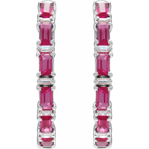 14K White Natural Ruby & 1 1/4 Natural Diamond Hoop Earrings