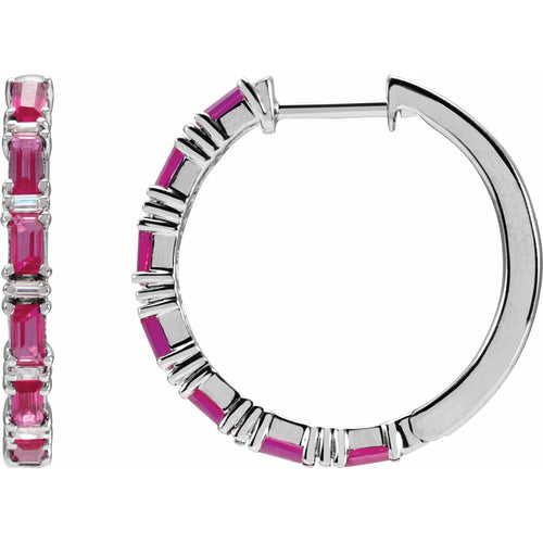 14K White Natural Ruby & 1 1/4 Natural Diamond Hoop Earrings