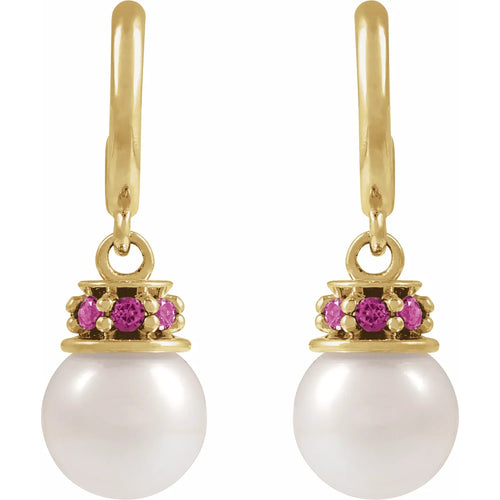14K Yellow Cultured White Freshwater Pearl & Natural Pink Tourmaline Hoop Earrings