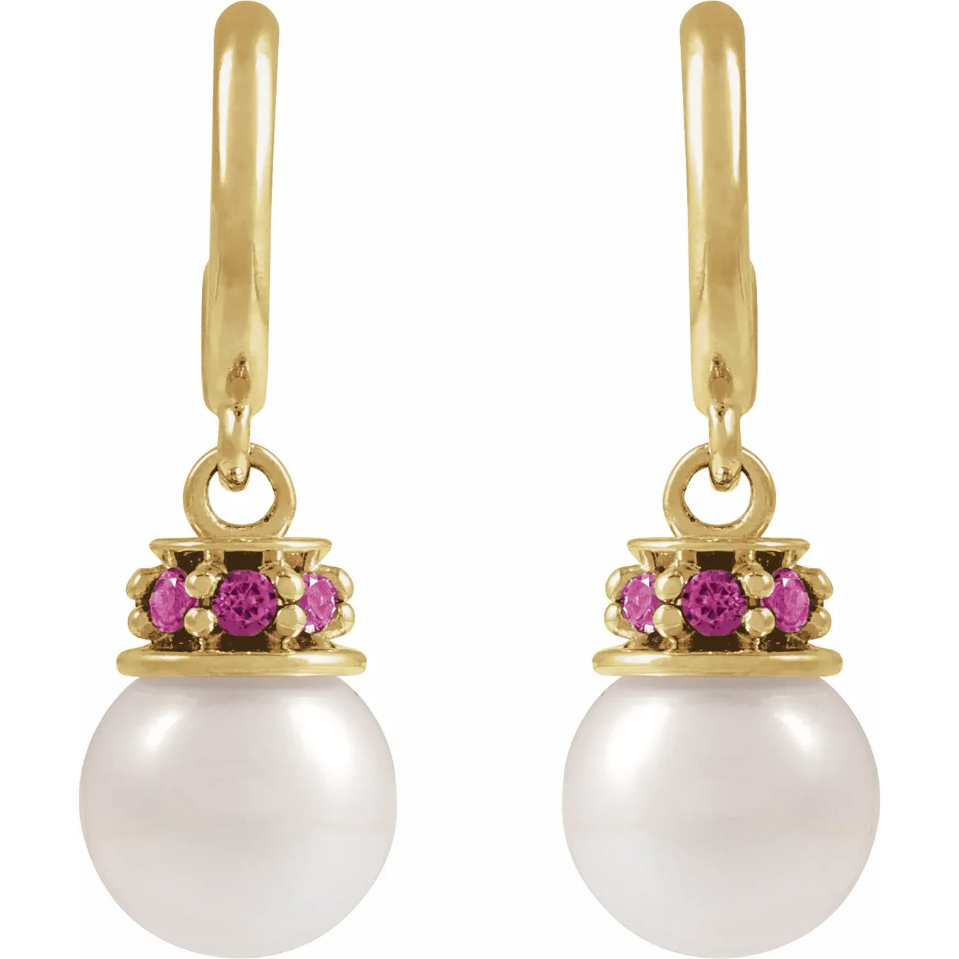 14K Yellow Cultured White Freshwater Pearl & Natural Pink Tourmaline Hoop Earrings