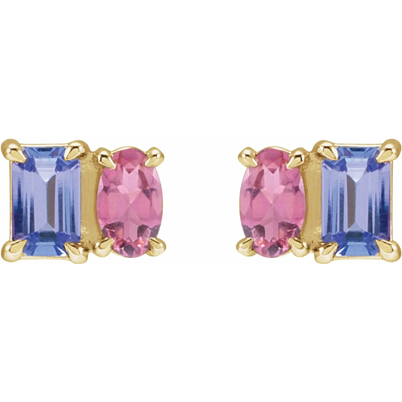14K Yellow Natural Tanzanite & Natural Pink Tourmaline Two-Stone Stud Earrings