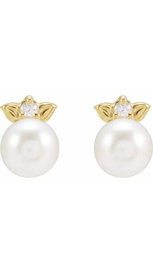 14K Yellow Cultured Akoya Pearl & .03 CTW Natural Diamond Floral Earrings