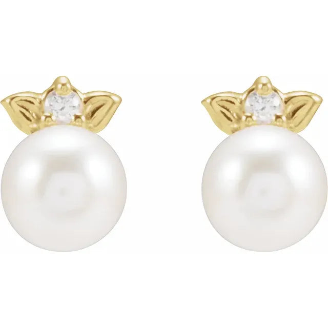 14K Yellow Cultured Akoya Pearl & .03 CTW Natural Diamond Floral Earrings