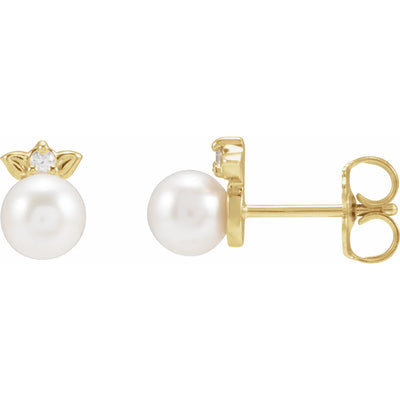 14K Yellow Cultured Akoya Pearl & .03 CTW Natural Diamond Floral Earrings