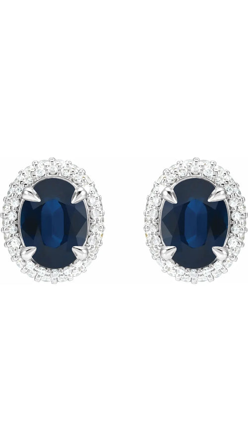 14K White Natural Blue Sapphire & 1/2 CTW Natural Diamond Double Halo-Style Earrings