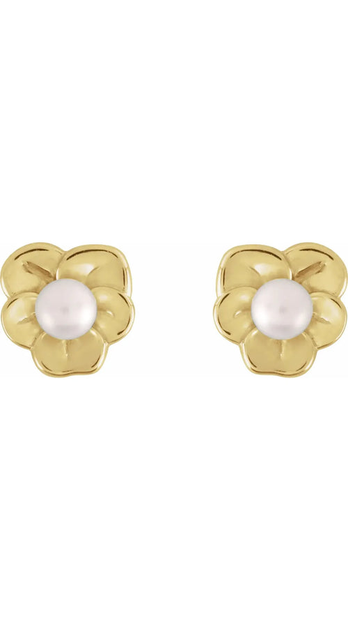 14K Yellow Cultured Seed Pearl Floral Earrings