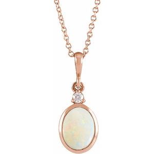 14K Rose 10x8 mm Natural White Opal & .03 CT Natural Diamond 16-18" Necklace