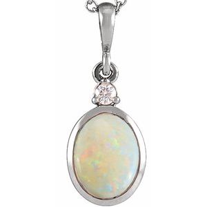 Sterling Silver 9x7 mm Natural White Opal & .03 CT Natural Diamond Cabochon Pendant