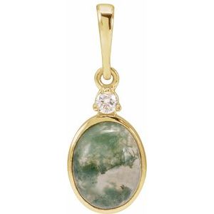 14K Yellow 8x6 mm Natural Moss Agate & .03 CTW Natural Diamond Pendant