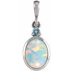 14K White 6x4 mm Lab-Grown White Opal & Natural London Blue Topaz Pendant